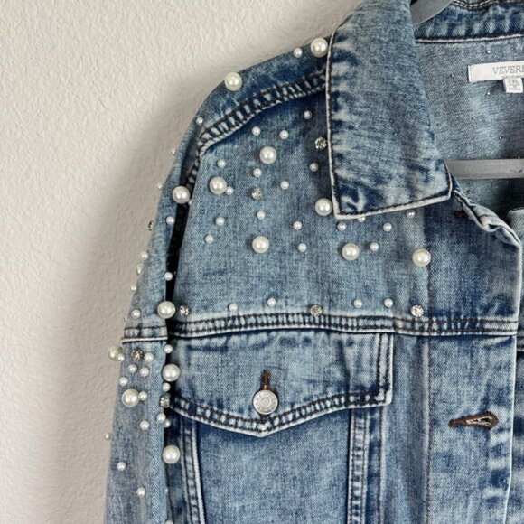 Veveret Denim Jacket Women's 2XL Pearl & Rhinestone Embellished Acid Wash Retro - Picture 4 of 11